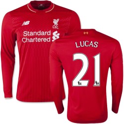 Men's 21 Lucas Leiva Liverpool FC Jersey - 15/16 England Football Club New Balance Replica Red Home Soccer Long Sleeve Shirt