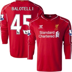 Men's 45 Mario Balotelli Liverpool FC Jersey - 14/15 England Football Club Warrior Authentic Red Home Soccer Long Sleeve Shirt