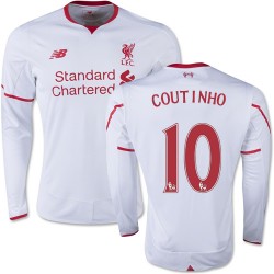 Men's 10 Philippe Coutinho Liverpool FC Jersey - 15/16 England Football Club New Balance Authentic White Away Soccer Long Sleeve