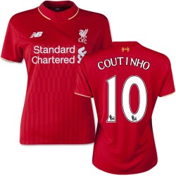 Women's 10 Philippe Coutinho Liverpool FC Jersey - 15/16 England Football Club New Balance Authentic Red Home Soccer Short Shirt