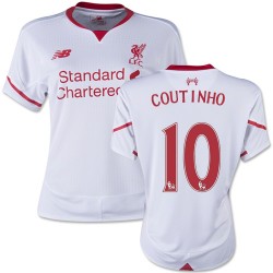 Women's 10 Philippe Coutinho Liverpool FC Jersey - 15/16 England Football Club New Balance Authentic White Away Soccer Short Shi
