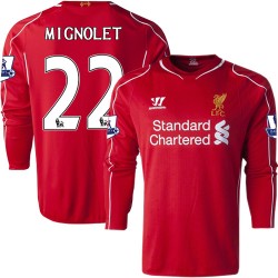 Men's 22 Simon Mignolet Liverpool FC Jersey - 14/15 England Football Club Warrior Authentic Red Home Soccer Long Sleeve Shirt