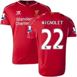 Men's 22 Simon Mignolet Liverpool FC Jersey - 14/15 England Football Club Warrior Authentic Red Home Soccer Short Shirt