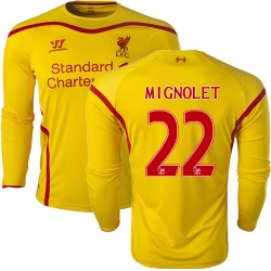 Men's 22 Simon Mignolet Liverpool FC Jersey - 14/15 England Football Club Warrior Replica Yellow Away Soccer Long Sleeve Shirt