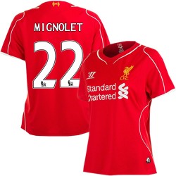Women's 22 Simon Mignolet Liverpool FC Jersey - 14/15 England Football Club Warrior Authentic Red Home Soccer Short Shirt
