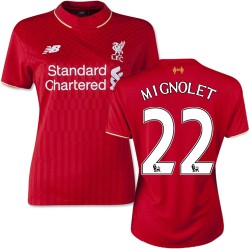 Women's 22 Simon Mignolet Liverpool FC Jersey - 15/16 England Football Club New Balance Authentic Red Home Soccer Short Shirt