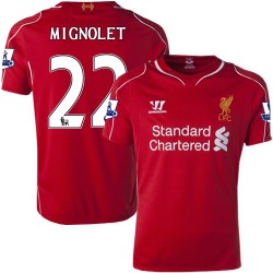 Youth 22 Simon Mignolet Liverpool FC Jersey - 14/15 England Football Club Warrior Authentic Red Home Soccer Short Shirt