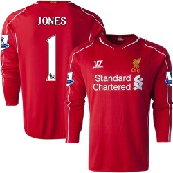 Men's 1 Brad Jones Liverpool FC Jersey - 14/15 England Football Club Warrior Authentic Red Home Soccer Long Sleeve Shirt