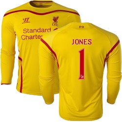 Men's 1 Brad Jones Liverpool FC Jersey - 14/15 England Football Club Warrior Authentic Yellow Away Soccer Long Sleeve Shirt