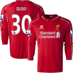 Men's 30 Suso Liverpool FC Jersey - 14/15 England Football Club Warrior Replica Red Home Soccer Long Sleeve Shirt