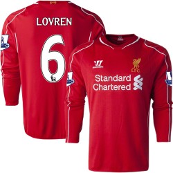 Men's 6 Dejan Lovren Liverpool FC Jersey - 14/15 England Football Club Warrior Replica Red Home Soccer Long Sleeve Shirt