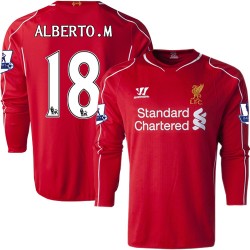 Men's 18 Alberto Moreno Liverpool FC Jersey - 14/15 England Football Club Warrior Replica Red Home Soccer Long Sleeve Shirt