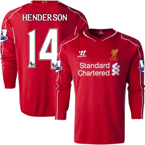 Men's 14 Jordan Henderson Liverpool FC Jersey - 14/15 England Football Club Warrior Replica Red Home Soccer Long Sleeve Shirt