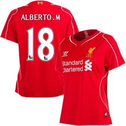 Women's 18 Alberto Moreno Liverpool FC Jersey - 14/15 England Football Club Warrior Replica Red Home Soccer Short Shirt