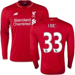 Men's 33 Jordon Ibe Liverpool FC Jersey - 15/16 England Football Club New Balance Authentic Red Home Soccer Long Sleeve Shirt
