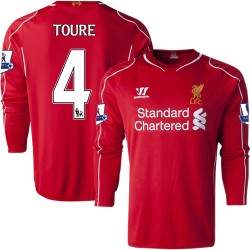 Men's 4 Kolo Toure Liverpool FC Jersey - 14/15 England Football Club Warrior Replica Red Home Soccer Long Sleeve Shirt