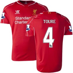 Men's 4 Kolo Toure Liverpool FC Jersey - 14/15 England Football Club Warrior Replica Red Home Soccer Short Shirt