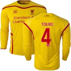 Men's 4 Kolo Toure Liverpool FC Jersey - 14/15 England Football Club Warrior Replica Yellow Away Soccer Long Sleeve Shirt