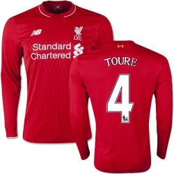 Men's 4 Kolo Toure Liverpool FC Jersey - 15/16 England Football Club New Balance Authentic Red Home Soccer Long Sleeve Shirt