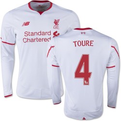 Men's 4 Kolo Toure Liverpool FC Jersey - 15/16 England Football Club New Balance Authentic White Away Soccer Long Sleeve Shirt