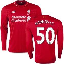 Men's 50 Lazar Markovic Liverpool FC Jersey - 15/16 England Football Club New Balance Authentic Red Home Soccer Long Sleeve Shir