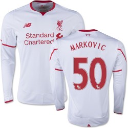 Men's 50 Lazar Markovic Liverpool FC Jersey - 15/16 England Football Club New Balance Replica White Away Soccer Long Sleeve Shir