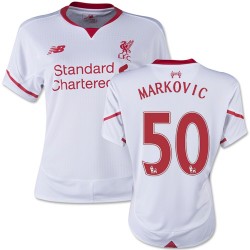 Women's 50 Lazar Markovic Liverpool FC Jersey - 15/16 England Football Club New Balance Authentic White Away Soccer Short Shirt