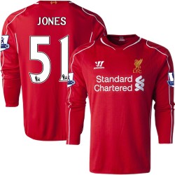 Men's 51 Lloyd Jones Liverpool FC Jersey - 14/15 England Football Club Warrior Authentic Red Home Soccer Long Sleeve Shirt